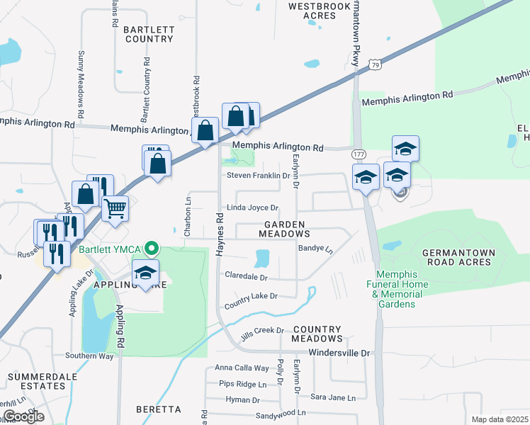 map of restaurants, bars, coffee shops, grocery stores, and more near 7923 Linda Joyce Drive in Memphis