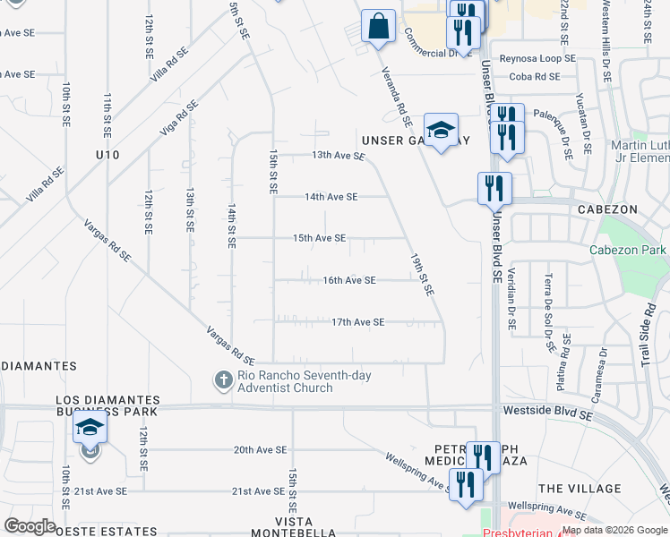 map of restaurants, bars, coffee shops, grocery stores, and more near 1645 16th Avenue Southeast in Rio Rancho