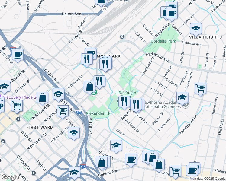map of restaurants, bars, coffee shops, grocery stores, and more near 1108 North Alexander Street in Charlotte