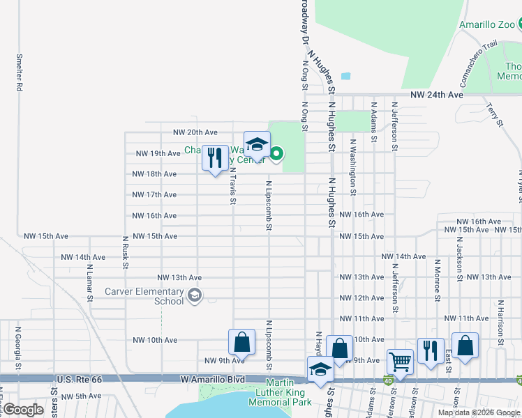 map of restaurants, bars, coffee shops, grocery stores, and more near 1408 Northwest 16th Avenue in Amarillo