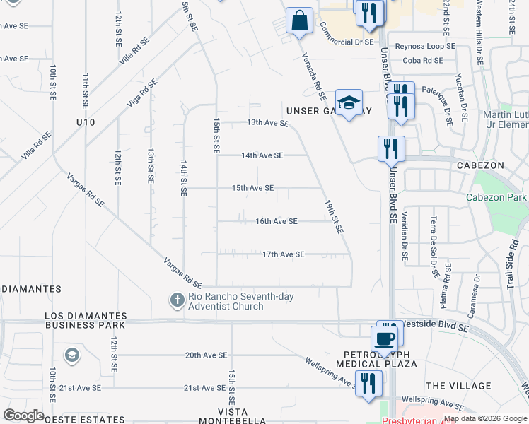 map of restaurants, bars, coffee shops, grocery stores, and more near 1645 16th Avenue Southeast in Rio Rancho