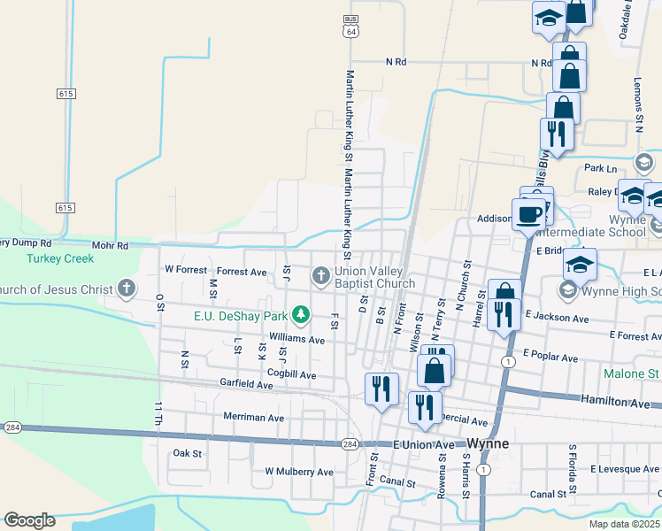 map of restaurants, bars, coffee shops, grocery stores, and more near 602 Jackson Avenue in Wynne