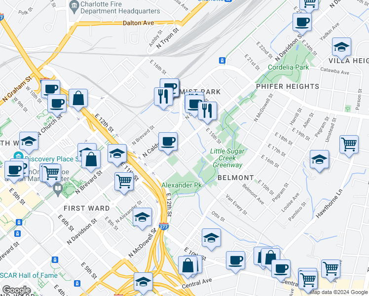 map of restaurants, bars, coffee shops, grocery stores, and more near 1018 North Davidson Street in Charlotte
