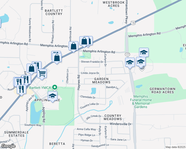map of restaurants, bars, coffee shops, grocery stores, and more near 7923 Linda Joyce Drive in Memphis