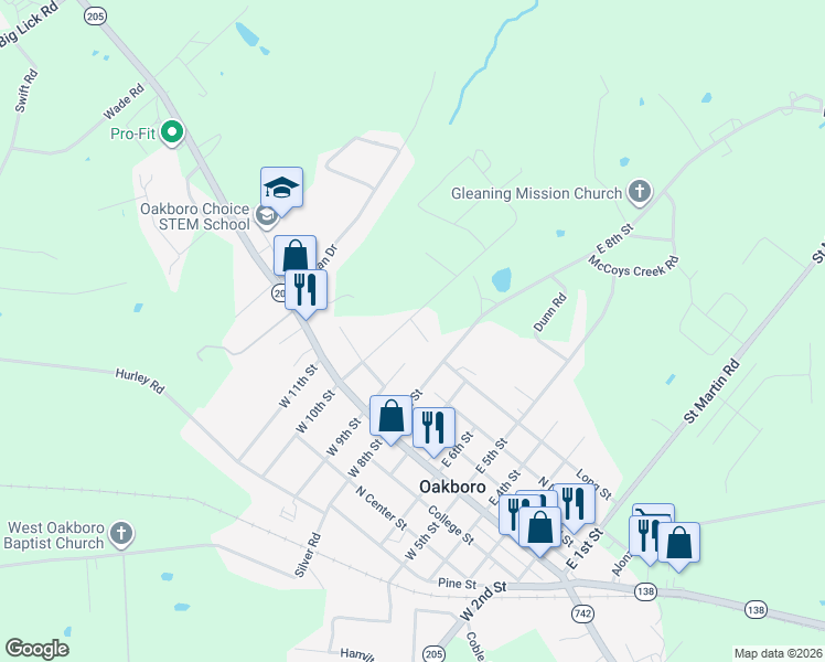 map of restaurants, bars, coffee shops, grocery stores, and more near 304 East 10th Street in Oakboro