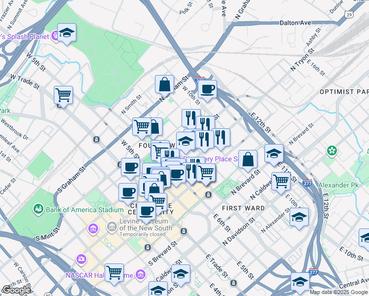 map of restaurants, bars, coffee shops, grocery stores, and more near in Charlotte