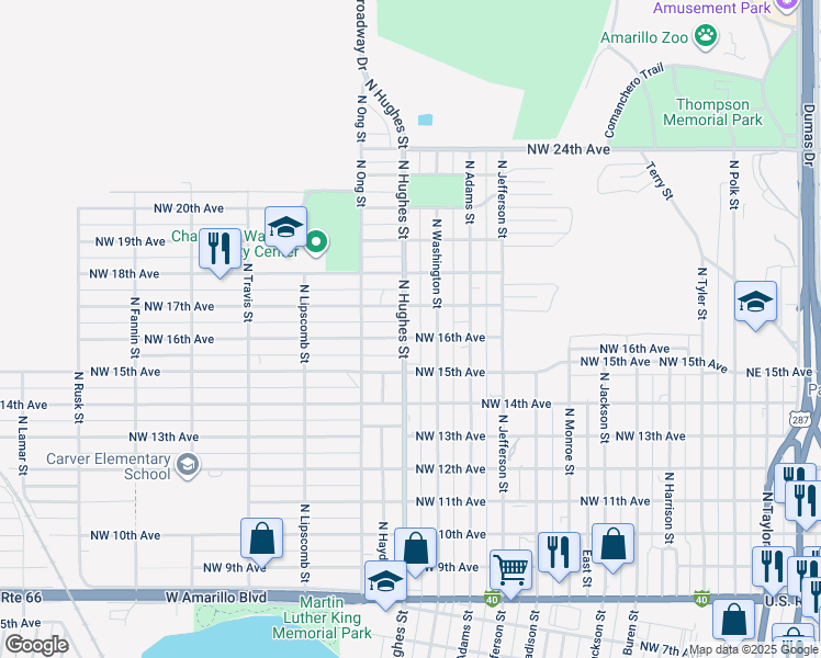 map of restaurants, bars, coffee shops, grocery stores, and more near 1602 North Hughes Street in Amarillo