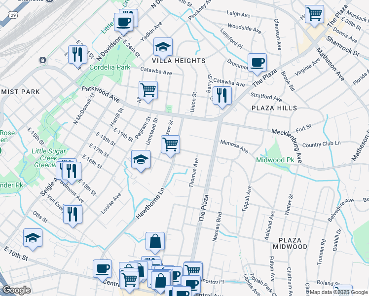 map of restaurants, bars, coffee shops, grocery stores, and more near 1513 Belvedere Avenue in Charlotte
