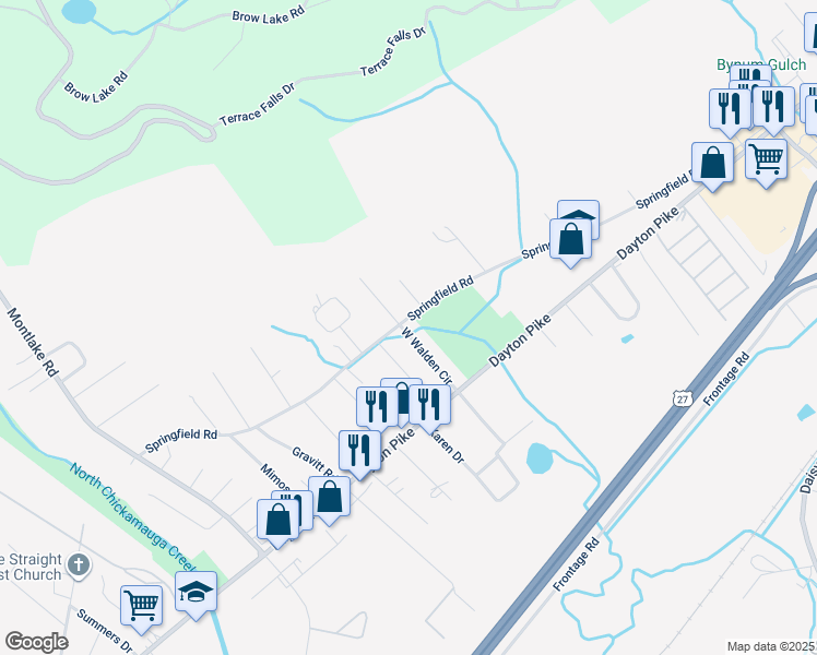 map of restaurants, bars, coffee shops, grocery stores, and more near 127 West Walden Circle in Soddy-Daisy