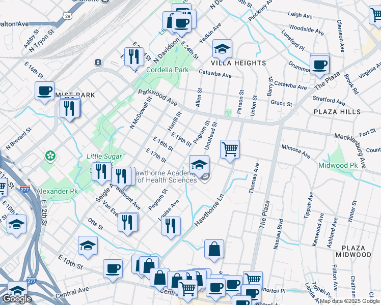 map of restaurants, bars, coffee shops, grocery stores, and more near 1201 Kennon Street in Charlotte