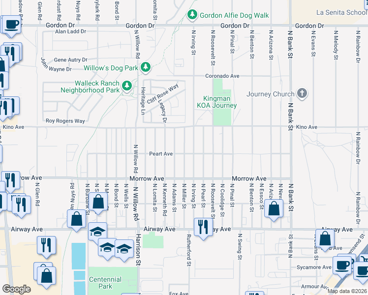 map of restaurants, bars, coffee shops, grocery stores, and more near North Miller Street in Kingman