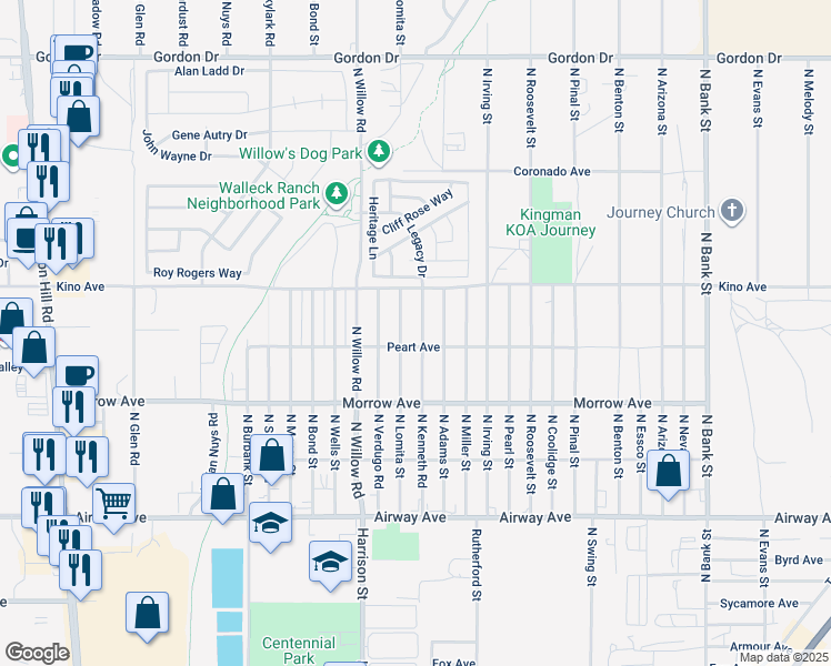 map of restaurants, bars, coffee shops, grocery stores, and more near 3695 North Kenneth Road in Kingman