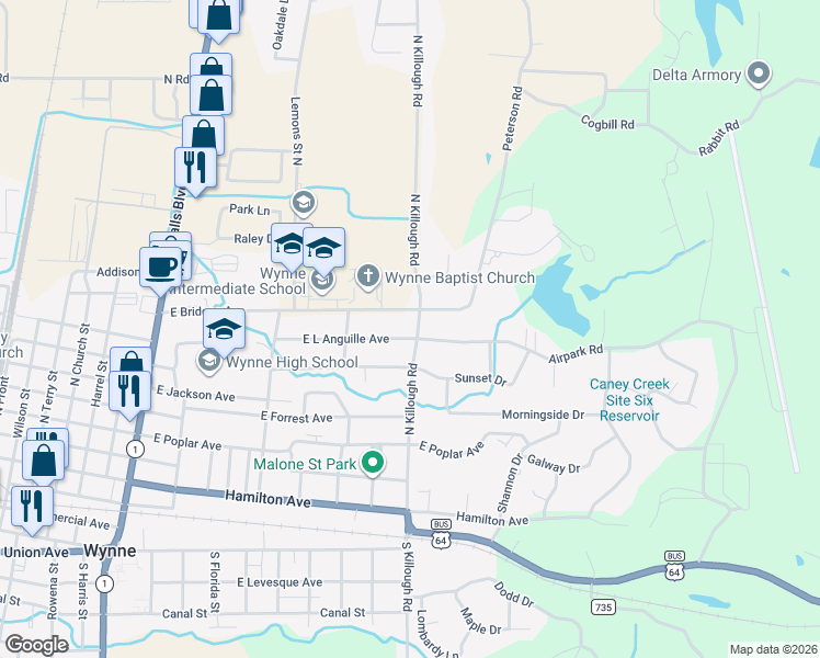 map of restaurants, bars, coffee shops, grocery stores, and more near 1003 North Killough Road in Wynne