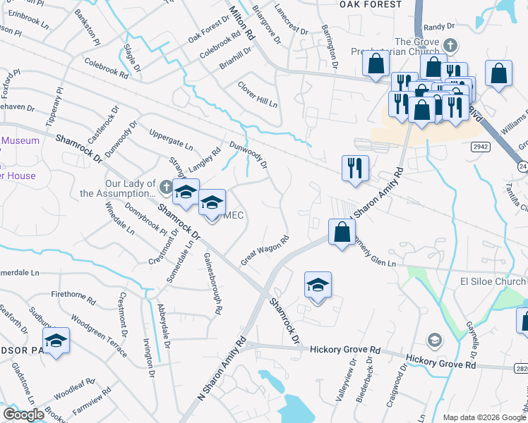 map of restaurants, bars, coffee shops, grocery stores, and more near 3732 Cobbleridge Drive in Charlotte