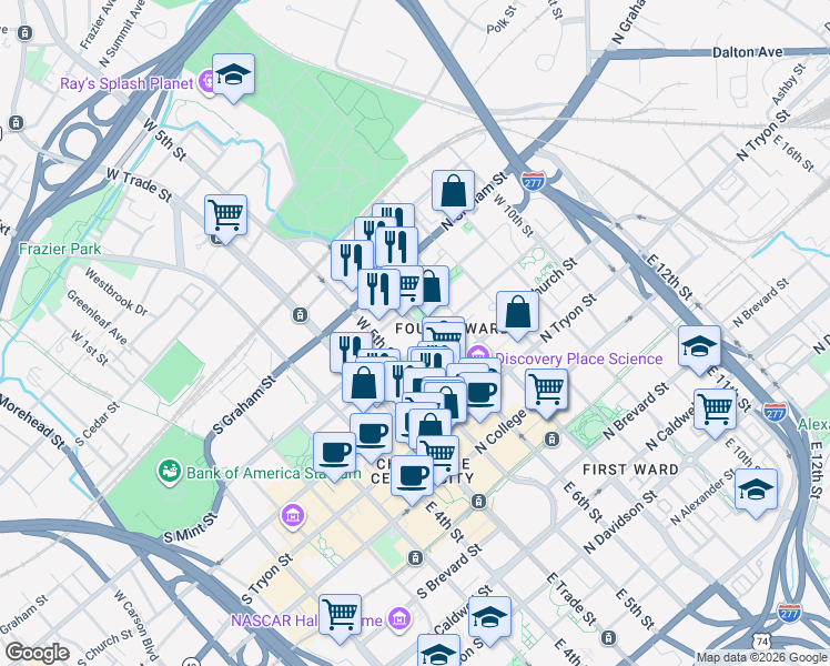 map of restaurants, bars, coffee shops, grocery stores, and more near 300 West 5th Street in Charlotte