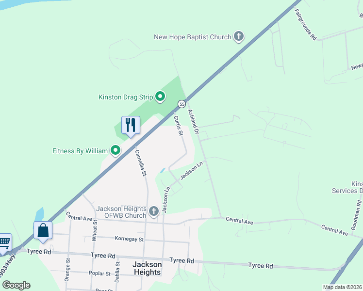 map of restaurants, bars, coffee shops, grocery stores, and more near 284 Curtis Street in Kinston