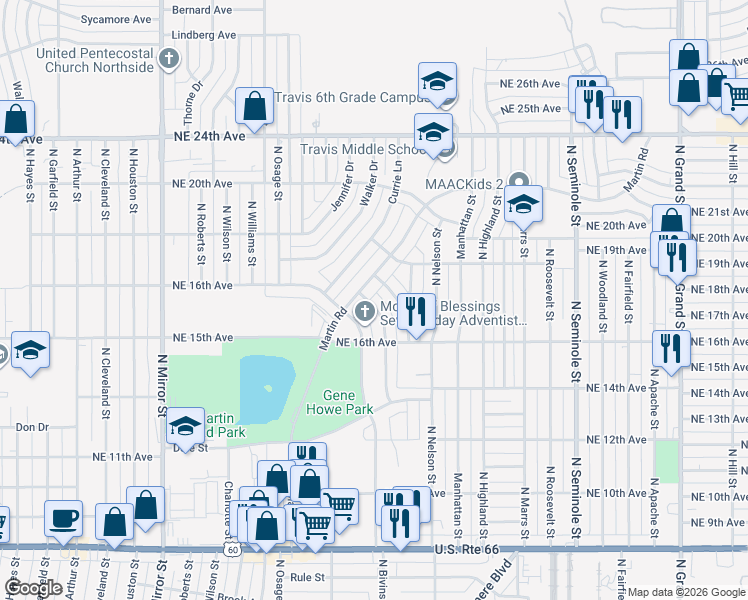 map of restaurants, bars, coffee shops, grocery stores, and more near 1620 North Arapahoe Street in Amarillo