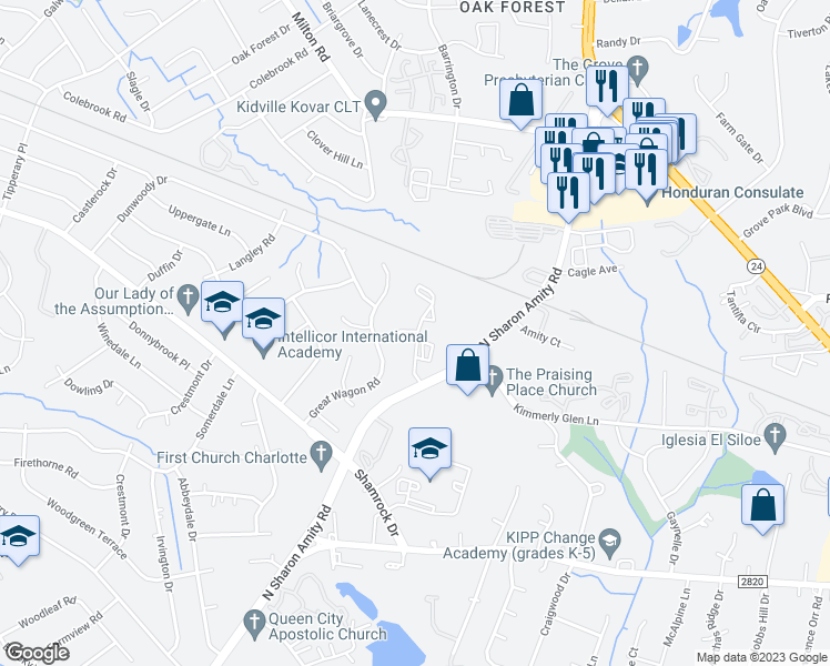 map of restaurants, bars, coffee shops, grocery stores, and more near 4608 Sharon Chase Drive in Charlotte