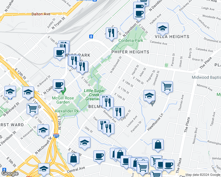 map of restaurants, bars, coffee shops, grocery stores, and more near 1302 Seigle Avenue in Charlotte