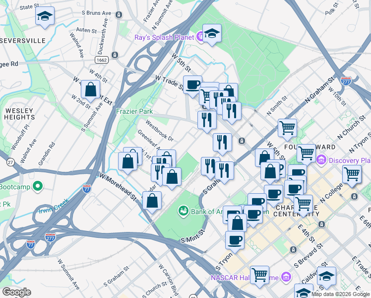 map of restaurants, bars, coffee shops, grocery stores, and more near in Charlotte