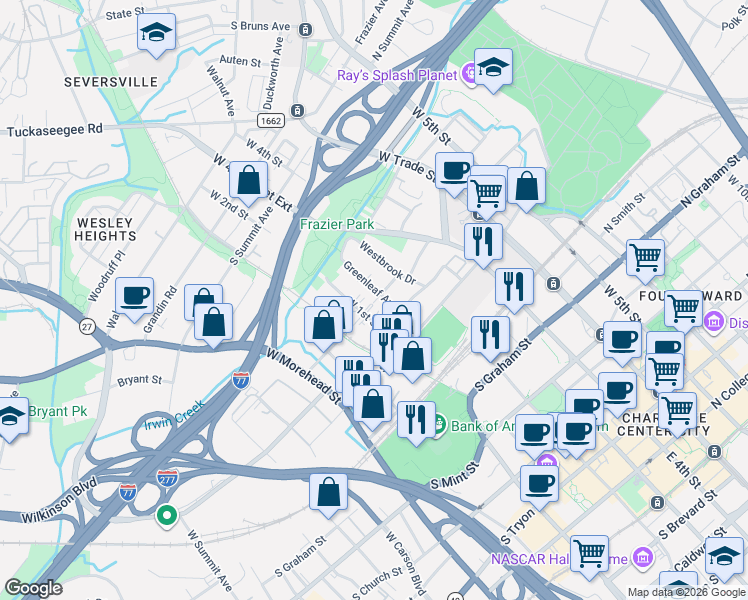 map of restaurants, bars, coffee shops, grocery stores, and more near 1016 West 1st Street in Charlotte