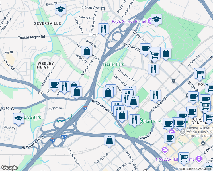 map of restaurants, bars, coffee shops, grocery stores, and more near in Charlotte