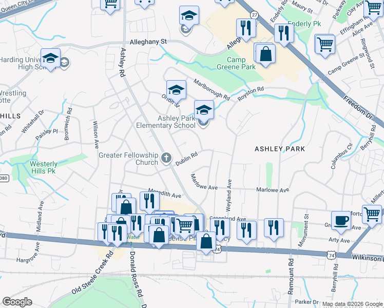 map of restaurants, bars, coffee shops, grocery stores, and more near 3154 Dublin Road in Charlotte