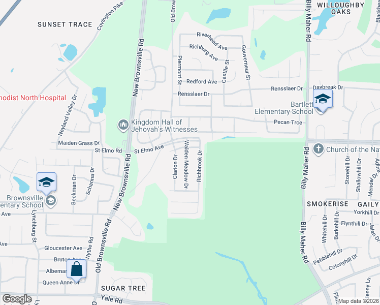 map of restaurants, bars, coffee shops, grocery stores, and more near 3839 Walden Meadow Drive in Memphis