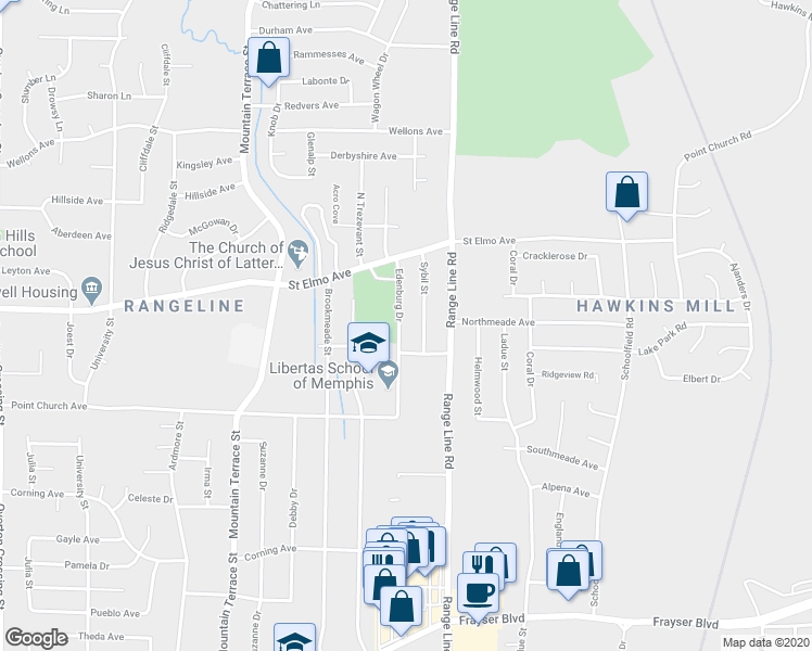 map of restaurants, bars, coffee shops, grocery stores, and more near 3844 Edenburg Drive in Memphis