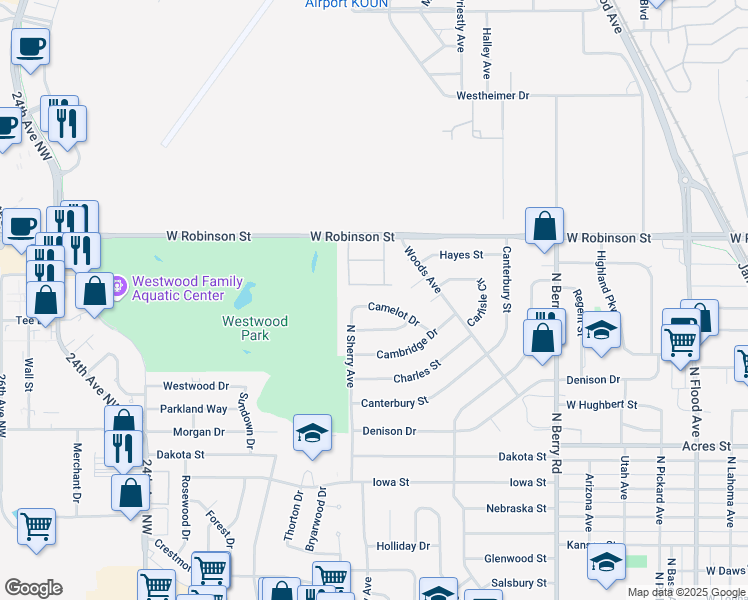 map of restaurants, bars, coffee shops, grocery stores, and more near 1705 Camelot Drive in Norman