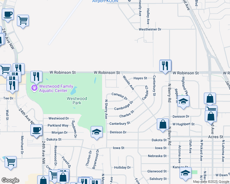 map of restaurants, bars, coffee shops, grocery stores, and more near 1705 Camelot Drive in Norman