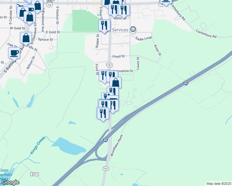 map of restaurants, bars, coffee shops, grocery stores, and more near 709 York Road in Kings Mountain