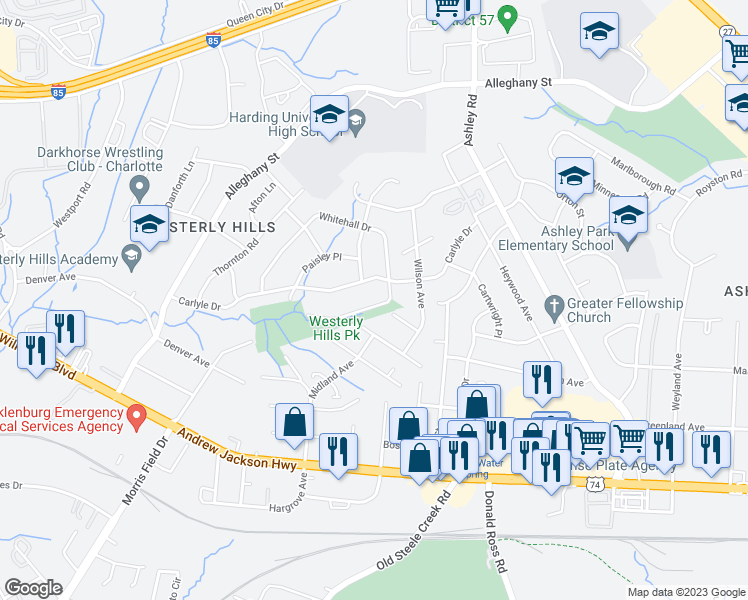 map of restaurants, bars, coffee shops, grocery stores, and more near 3830 Bristol Drive in Charlotte