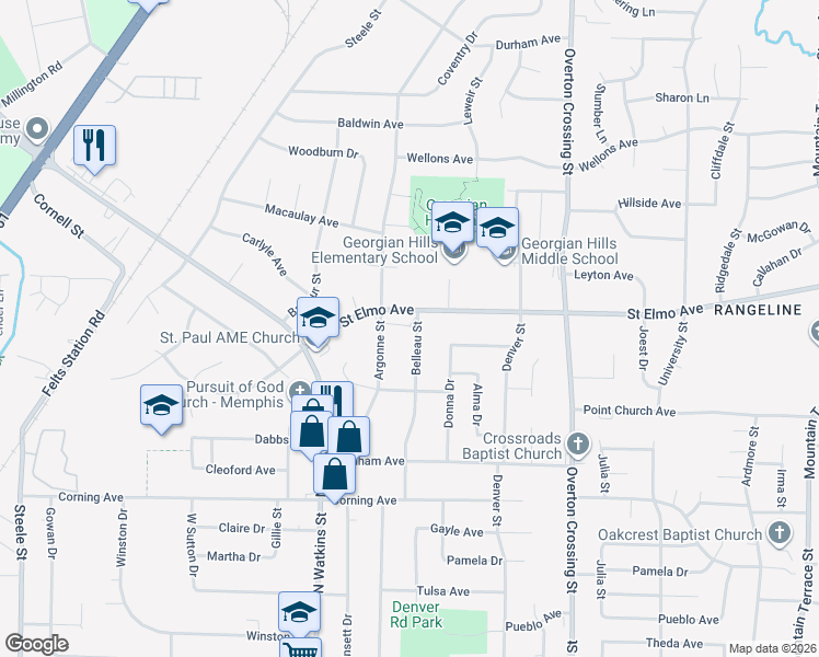 map of restaurants, bars, coffee shops, grocery stores, and more near 3855 Belleau Street in Memphis