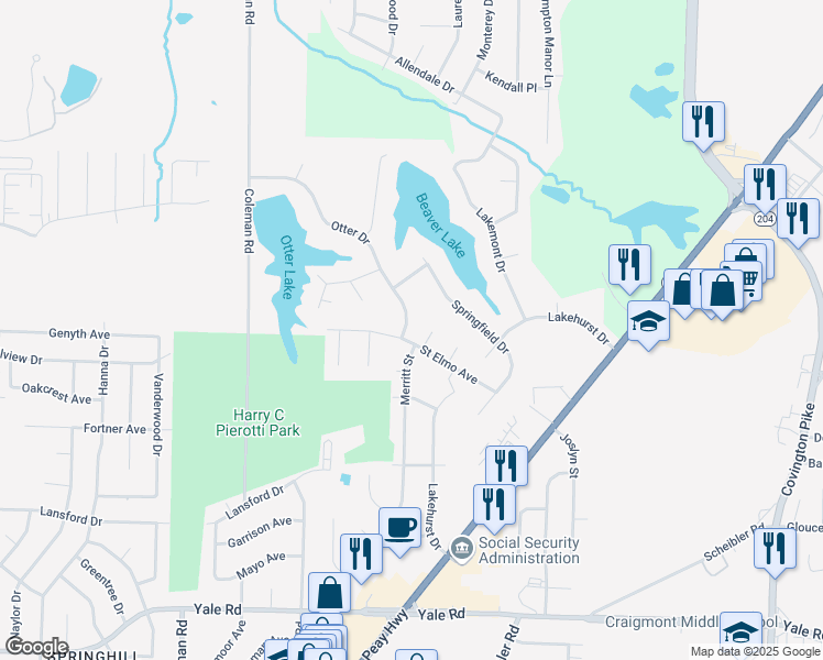 map of restaurants, bars, coffee shops, grocery stores, and more near 3844 Otter Drive in Memphis