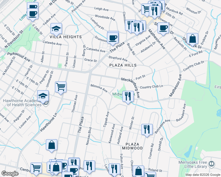 map of restaurants, bars, coffee shops, grocery stores, and more near 1828 Cochran Pl in Charlotte