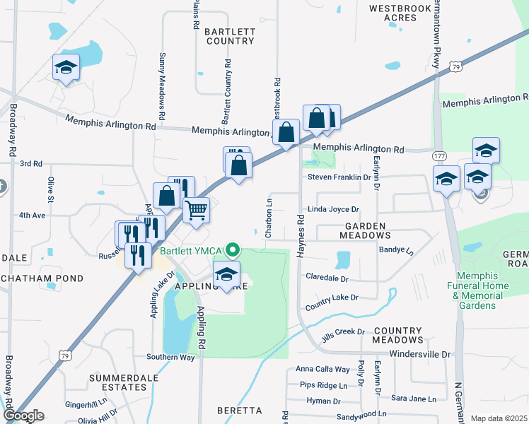 map of restaurants, bars, coffee shops, grocery stores, and more near 3845 Charbon Lane in Bartlett