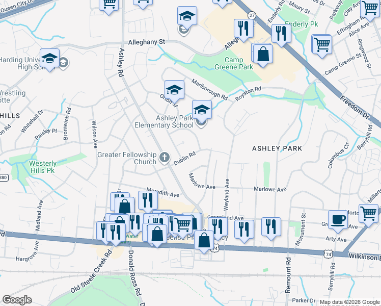 map of restaurants, bars, coffee shops, grocery stores, and more near 3154 Dublin Road in Charlotte