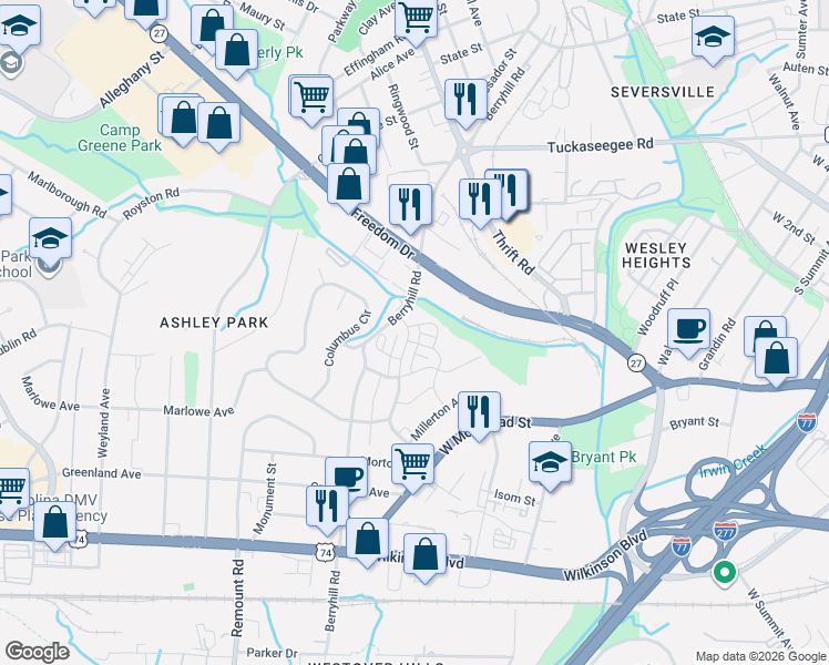 map of restaurants, bars, coffee shops, grocery stores, and more near 1616 Fleetwood Drive in Charlotte