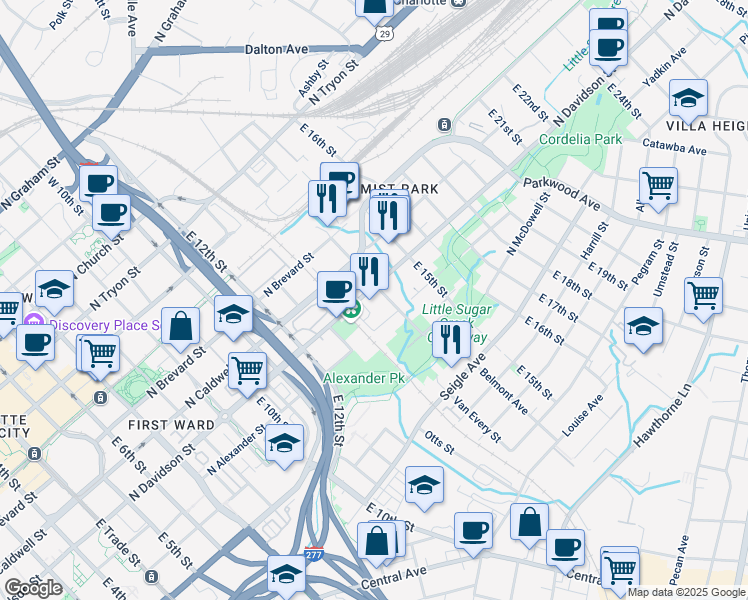 map of restaurants, bars, coffee shops, grocery stores, and more near 1044 North Davidson Street in Charlotte