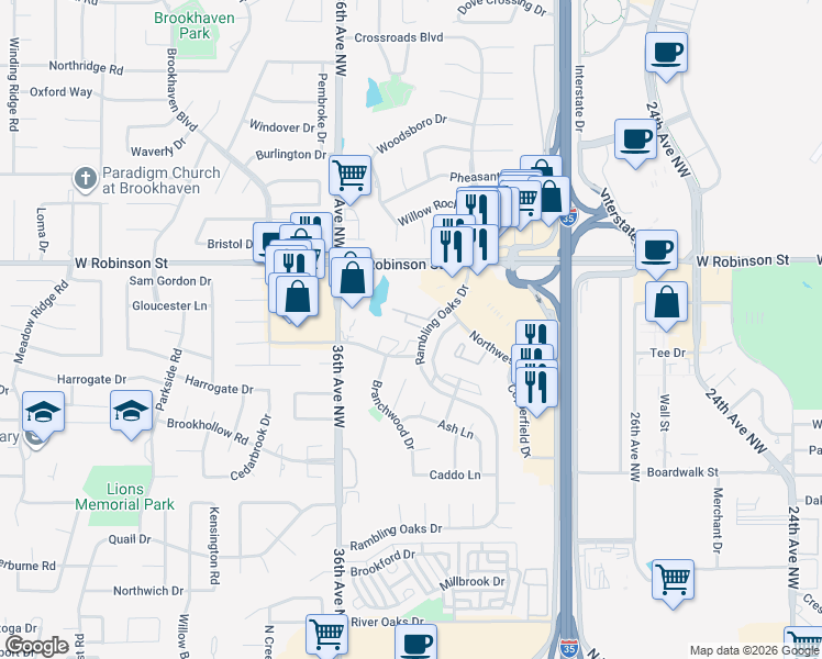 map of restaurants, bars, coffee shops, grocery stores, and more near 1051 Rambling Oaks Drive in Norman