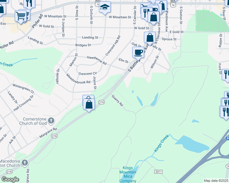 map of restaurants, bars, coffee shops, grocery stores, and more near 701 South Battleground Avenue in Kings Mountain