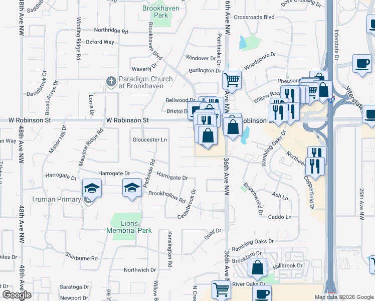 map of restaurants, bars, coffee shops, grocery stores, and more near 3801 Havenbrook Circle in Norman