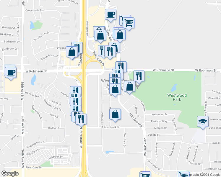 map of restaurants, bars, coffee shops, grocery stores, and more near 1010 24th Avenue Northwest in Norman