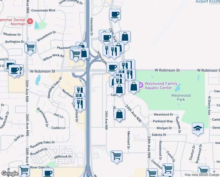 map of restaurants, bars, coffee shops, grocery stores, and more near 1010 24th Avenue Northwest in Norman