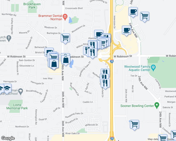 map of restaurants, bars, coffee shops, grocery stores, and more near 3234 Northwest Boulevard in Norman