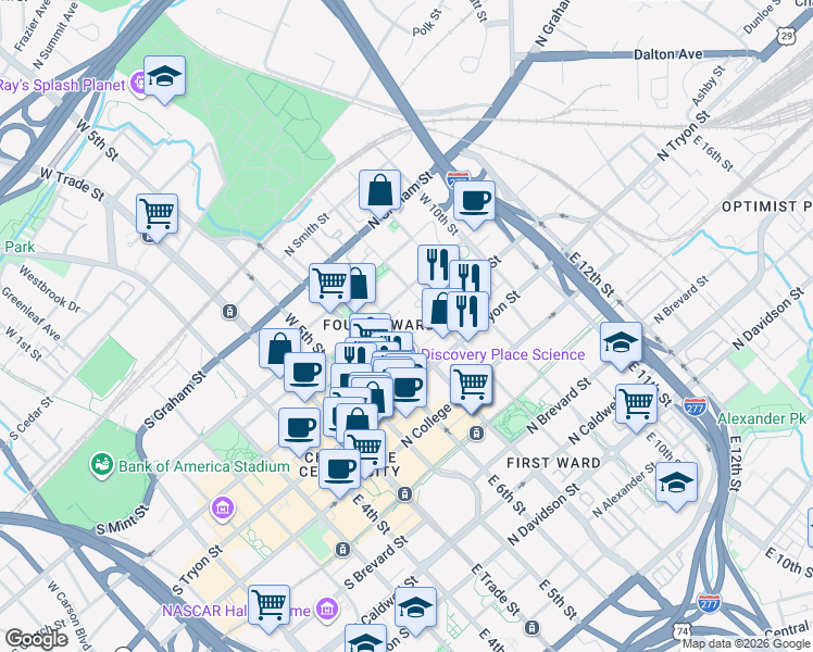 map of restaurants, bars, coffee shops, grocery stores, and more near 315 North Church Street in Charlotte