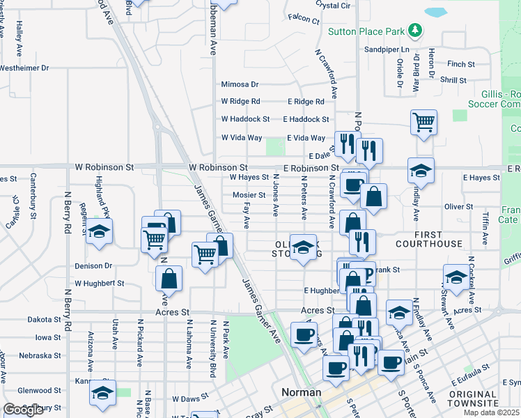 map of restaurants, bars, coffee shops, grocery stores, and more near 121 West Himes Street in Norman