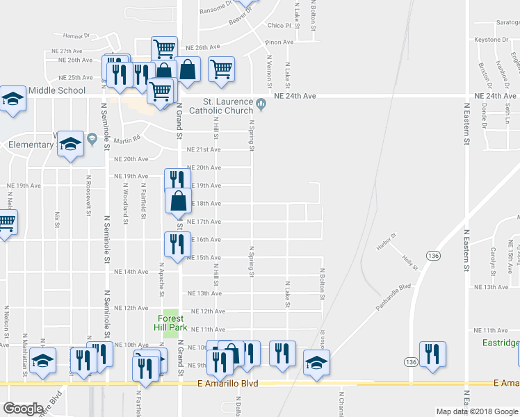 map of restaurants, bars, coffee shops, grocery stores, and more near 4004 Northeast 18th Avenue in Amarillo