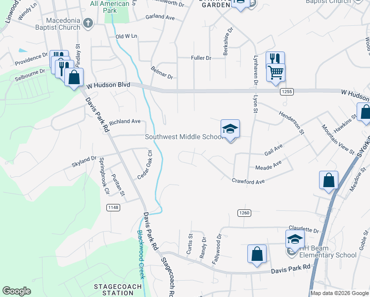 map of restaurants, bars, coffee shops, grocery stores, and more near 2734 Davis Park Road in Gastonia